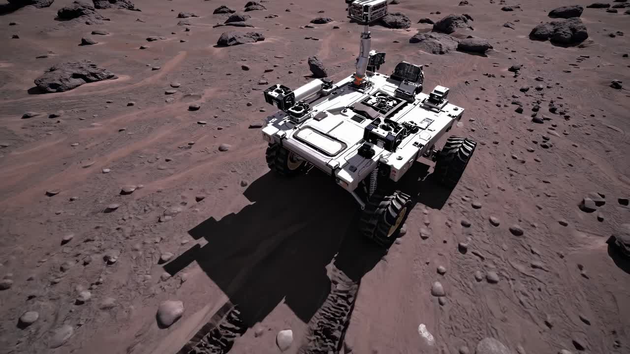 Advanced rover traverses the Martian surface, leaving distinct tracks across the reddish brown terrain, signifying human exploration and the search for life beyond Earth