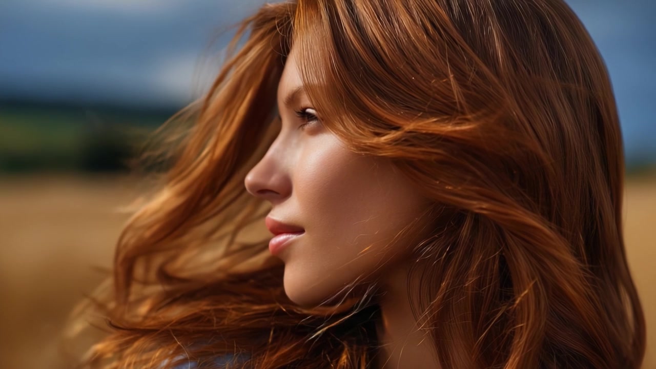 Un bellissimo profilo di una giovane donna con capelli rossi fluenti in un ambiente esterno tranquillo, che cattura la morbidezza e il calore della luce solare su uno sfondo naturale.