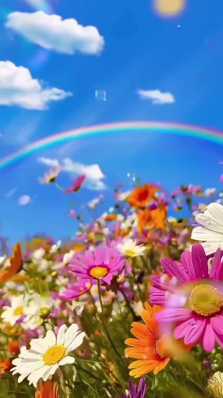 Vibrant daisies under a rainbow, captured from a low angle, perfect for a nature video