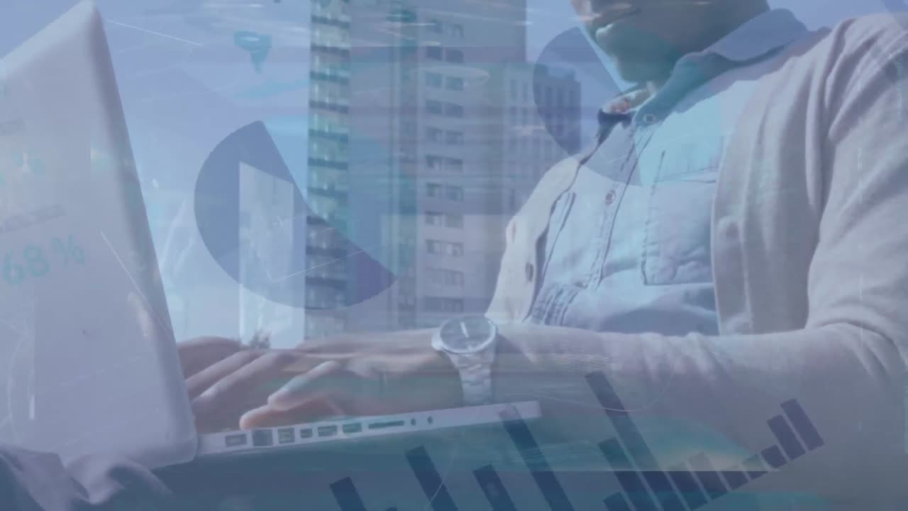 animación del procesamiento de estadísticas sobre un empresario que usa una computadora portátil
