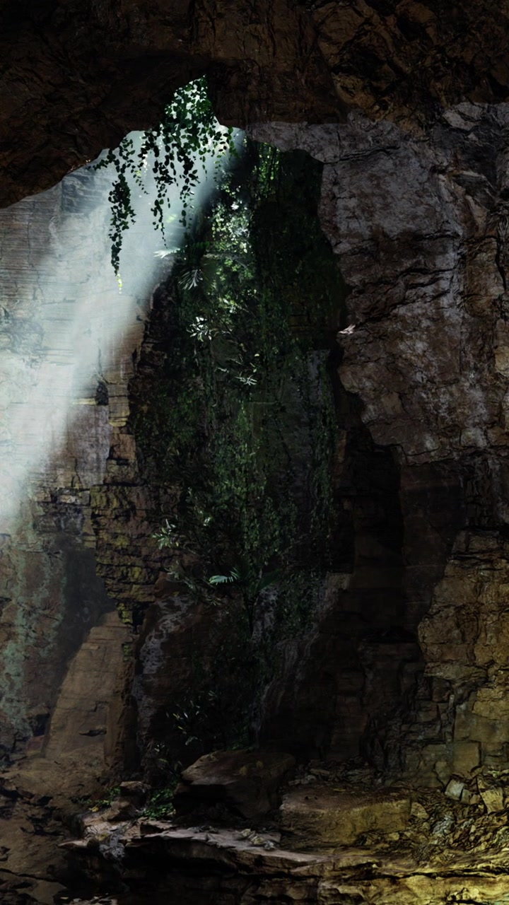 La luce filtra attraverso l'apertura di una grotta e illumina le piante verdi all'interno