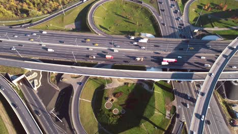 aerial view of a freeway intersection traffic trails in moscow.