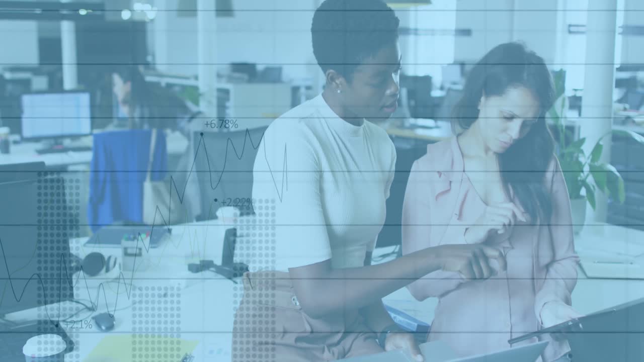 Animation of data processing over diverse business people talking in office