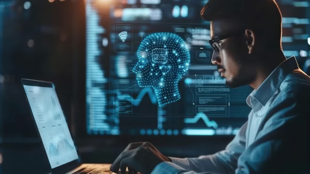 Side angle of a man working on a laptop with digital AI graphics overlay, suggesting a futuristic