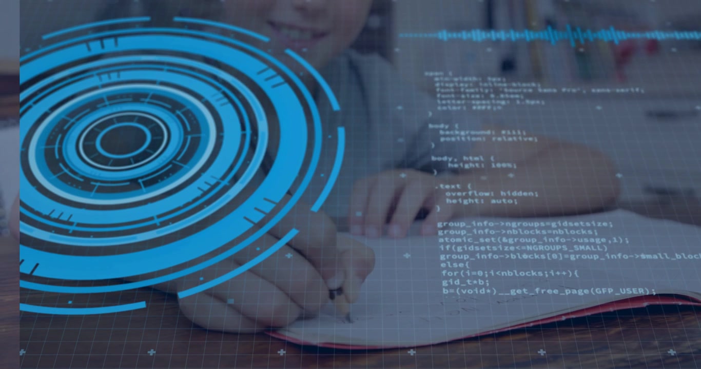 Hand picking up pencil, student writing in notebook for study, blue HUD and code overlay building