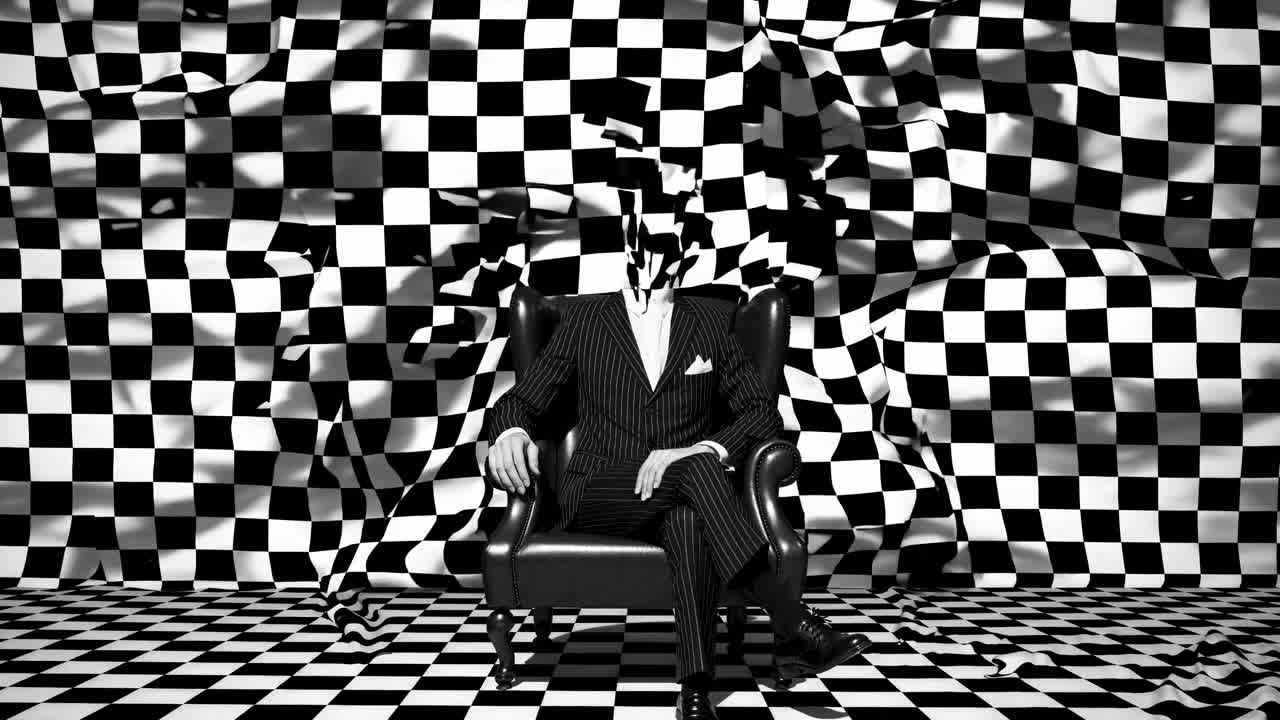 Checkered pattern distorting reality, businessperson sitting in monochrome armchair, revealing psychological landscape of identity fragmentation and inner turmoil