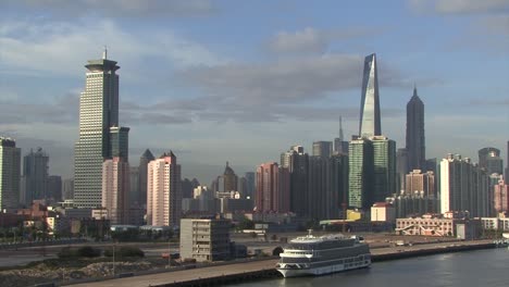 cityscape of shanghai, china filmed from the harbor area