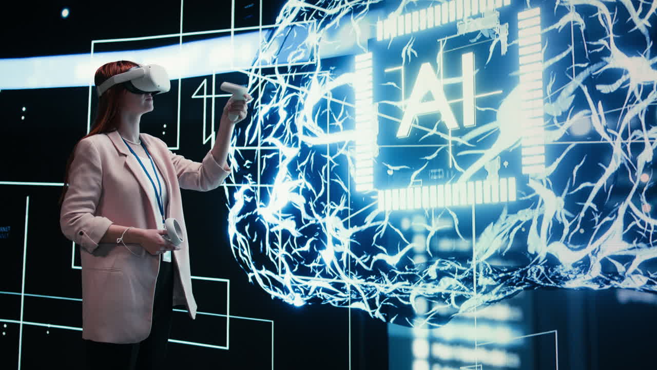 Woman in VR Headset Interacting with Artificial Intelligence Brain Visualization