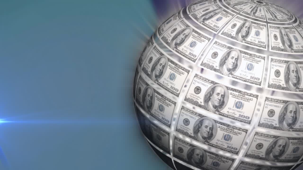 Animation of rotating globe of dollar bills and moving light on grey background