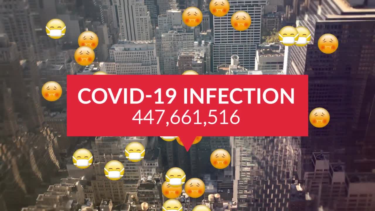 코로나 19 데이터 처리의 애니메이션은 얼굴 마스크와 함께 여러 병자 이모티콘을 통해 처리됩니다.