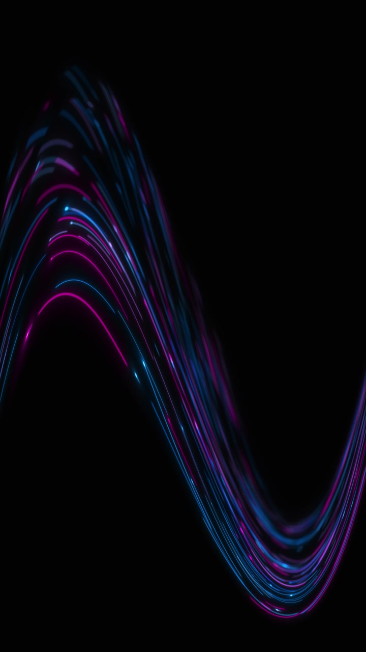 Magenta-blå lysbølgebaggrund med flydende neonstriber, sort tomt rum og glat fiber.