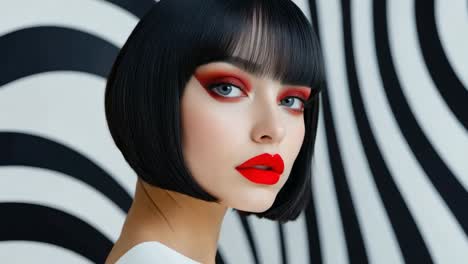 a woman with black hair and red lipstick in front of a black and white striped wall