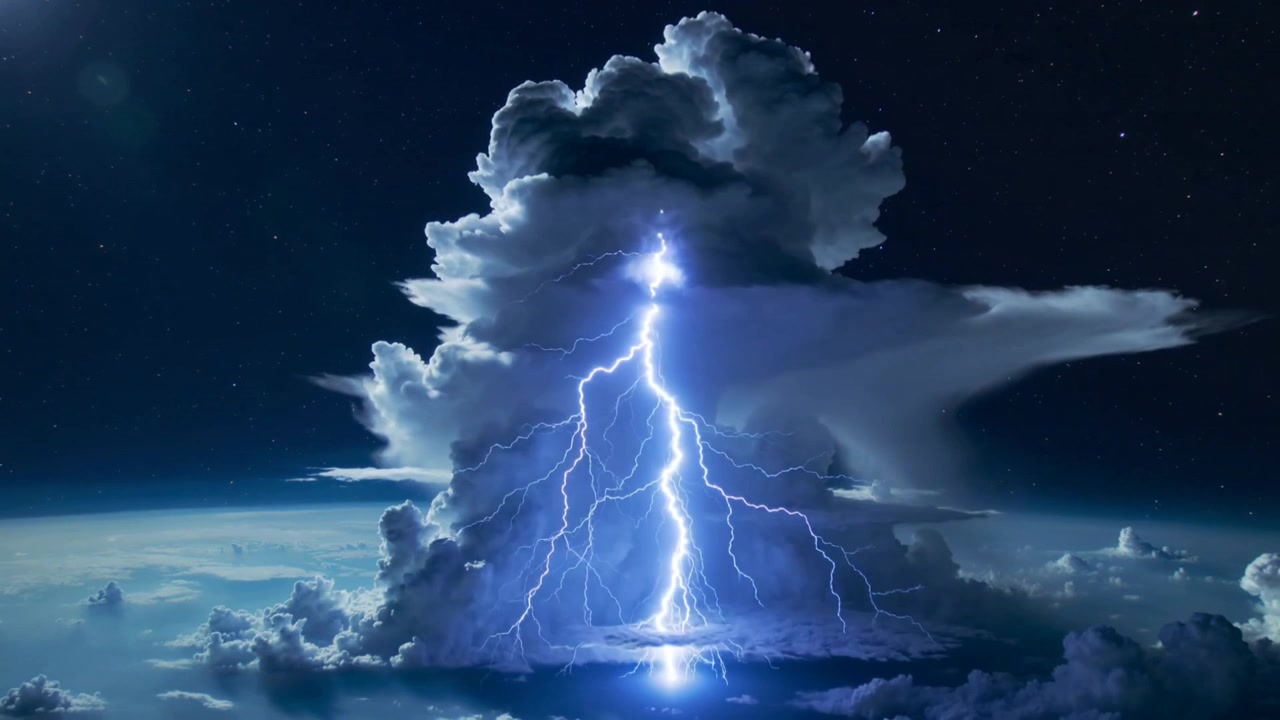 Cumulonimbus ascendant débutant une décharge en enclume, avec des éclairs fourchus au-dessus du limbe, étoiles.