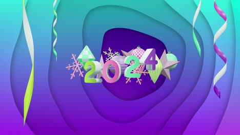 animación de decoraciones navideñas y el año 2024 sobre fondo azul