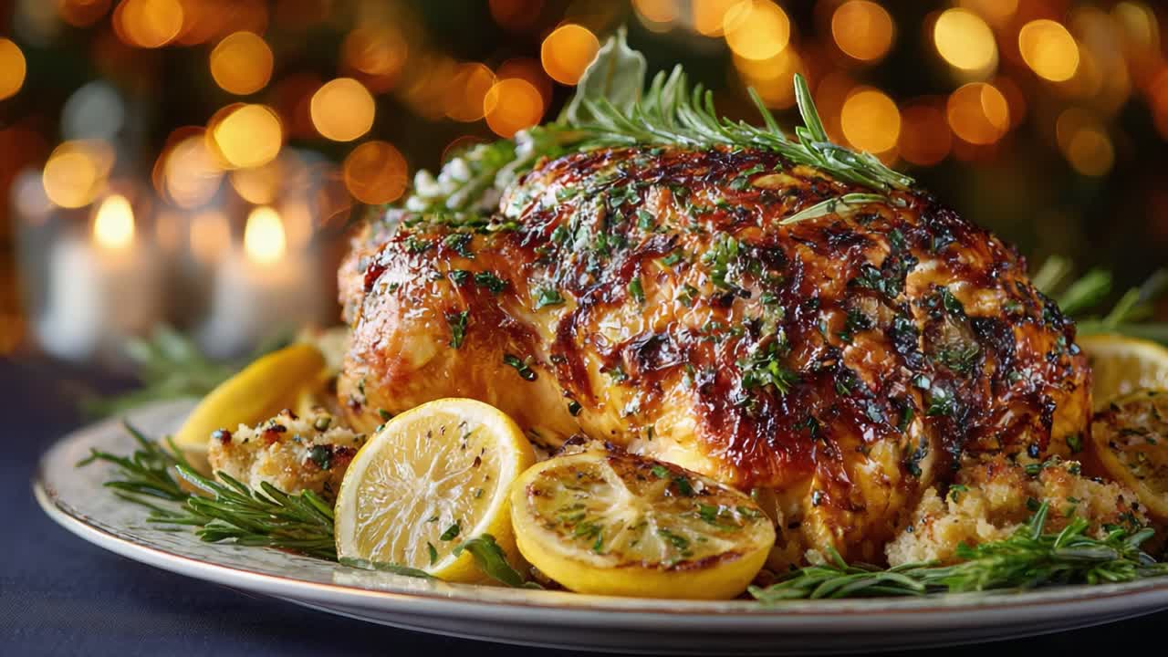 A Perfectly Roasted Chicken Garnished with Fresh Herbs and Zesty Lemon, Set Against a Sparkling Background of Warm Candlelight for an Elegant Dining Experience