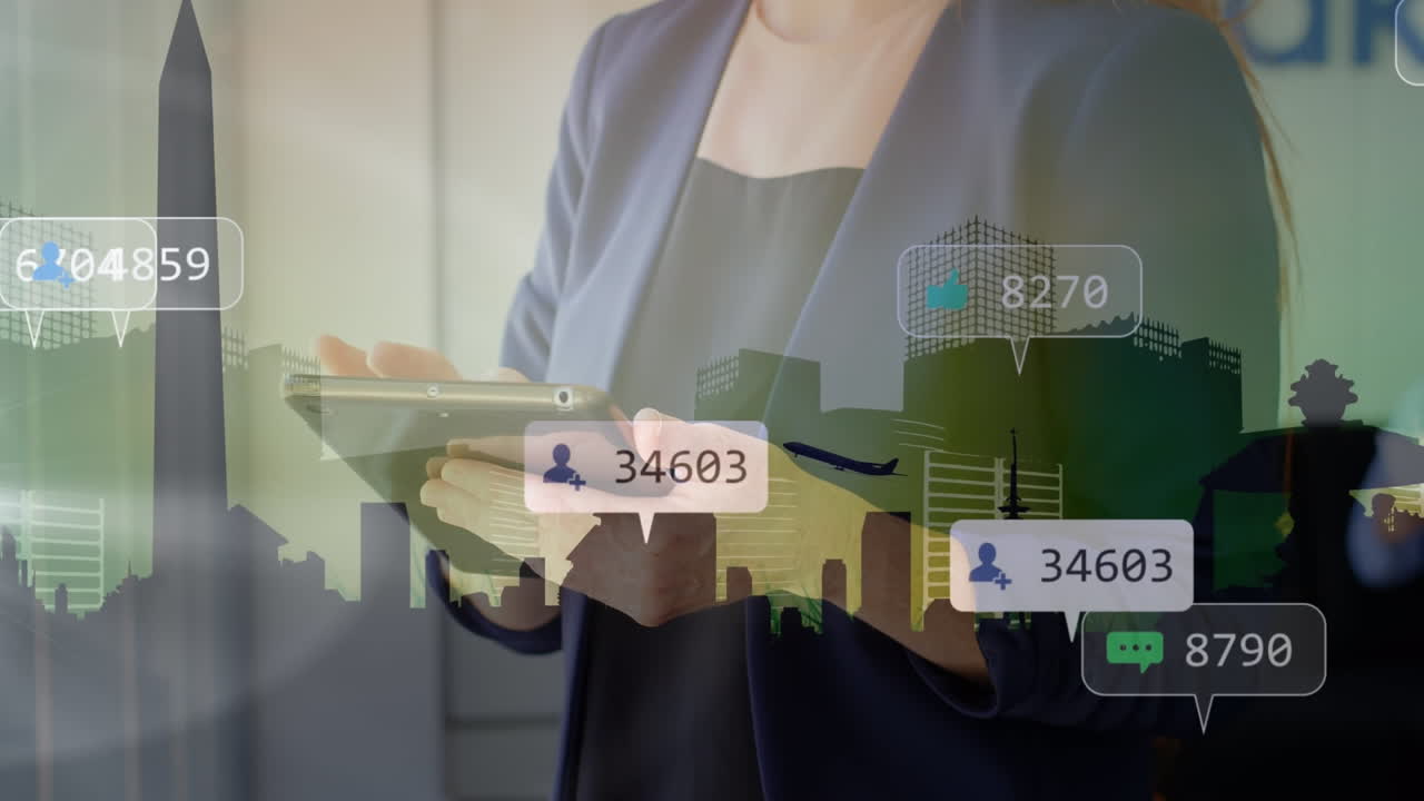 태블릿과 도시 풍경을 사용하는 여성에 대한 소셜 미디어 아이콘의 애니메이션