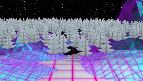 Animation-Von-Schnee,-Der-über-Weihnachtsbäume-In-Einer-Winterlandschaft-Fällt