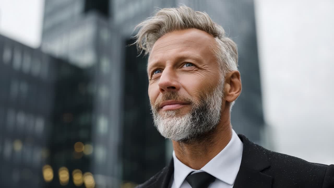 Confident business professional in a suit looks thoughtfully towards the skyline, showcasing leadership and ambition against a backdrop of modern architecture and urban sophistication