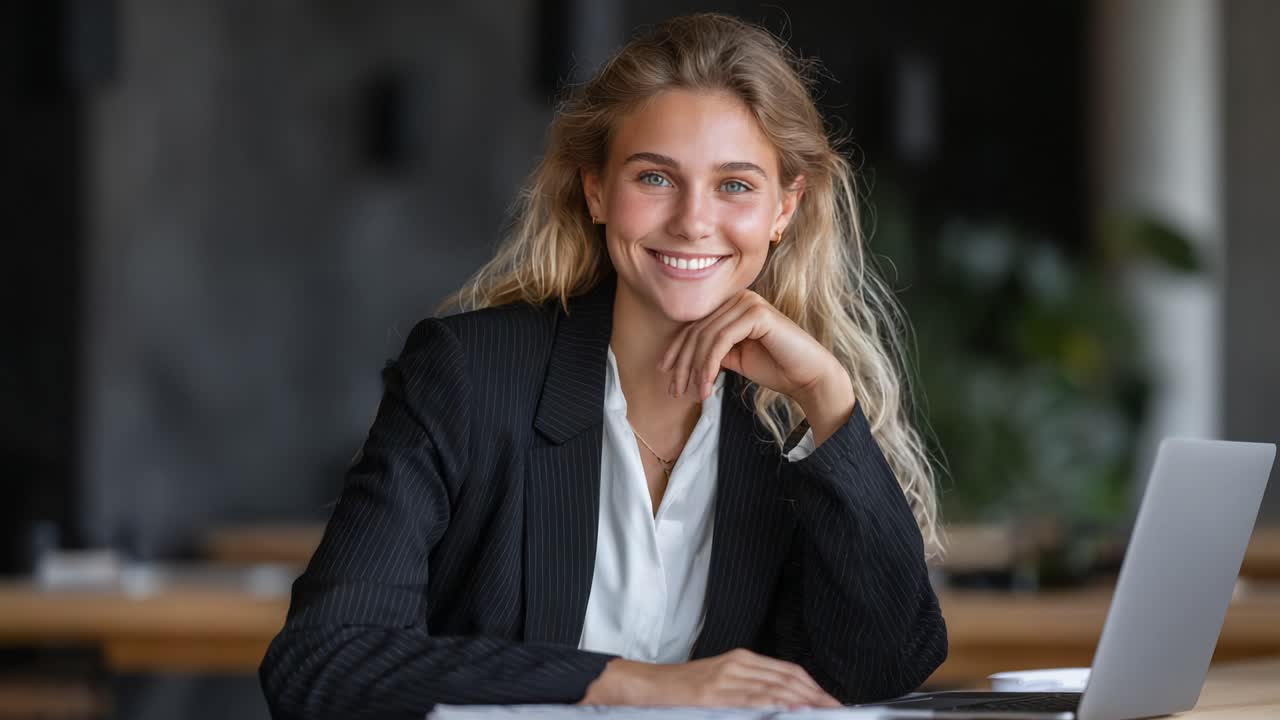 Catturare un momento di sicurezza: una giovane professionista sorride con eleganza in un moderno ambiente di lavoro