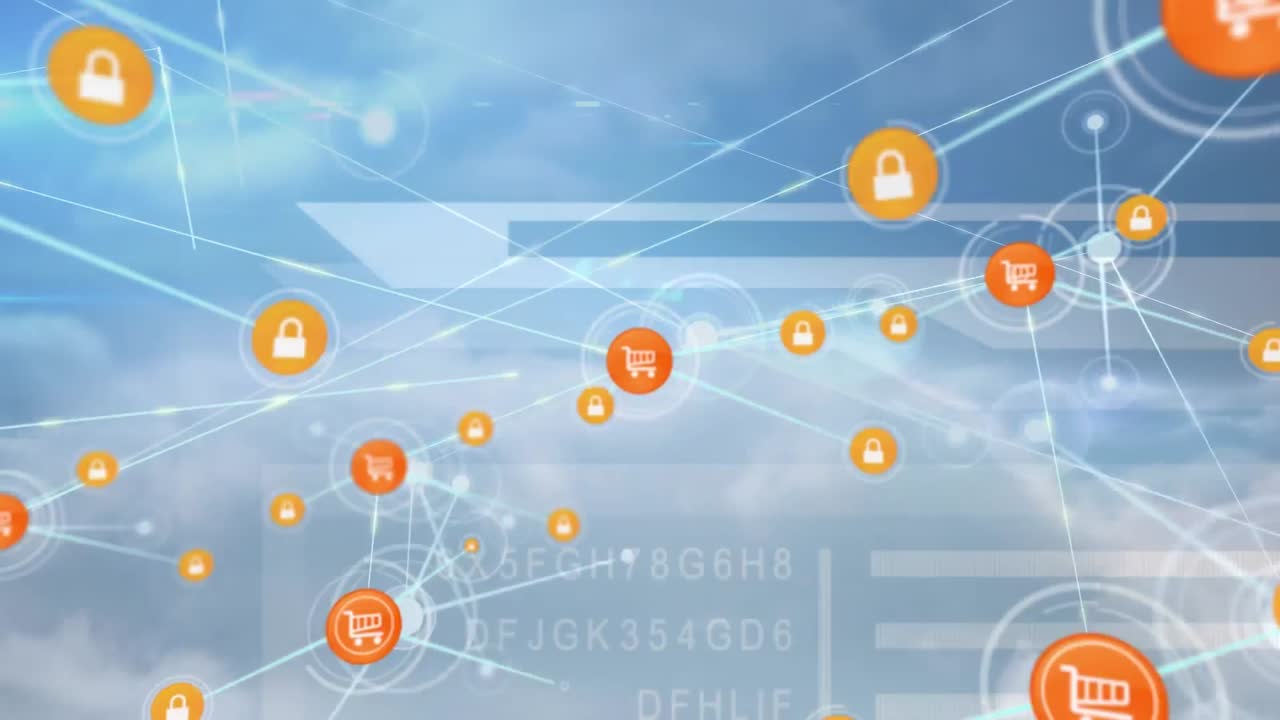 밀집한 구름에 대한 문자와 숫자와 추상적인 패턴으로 연결된 아이콘의 애니메이션