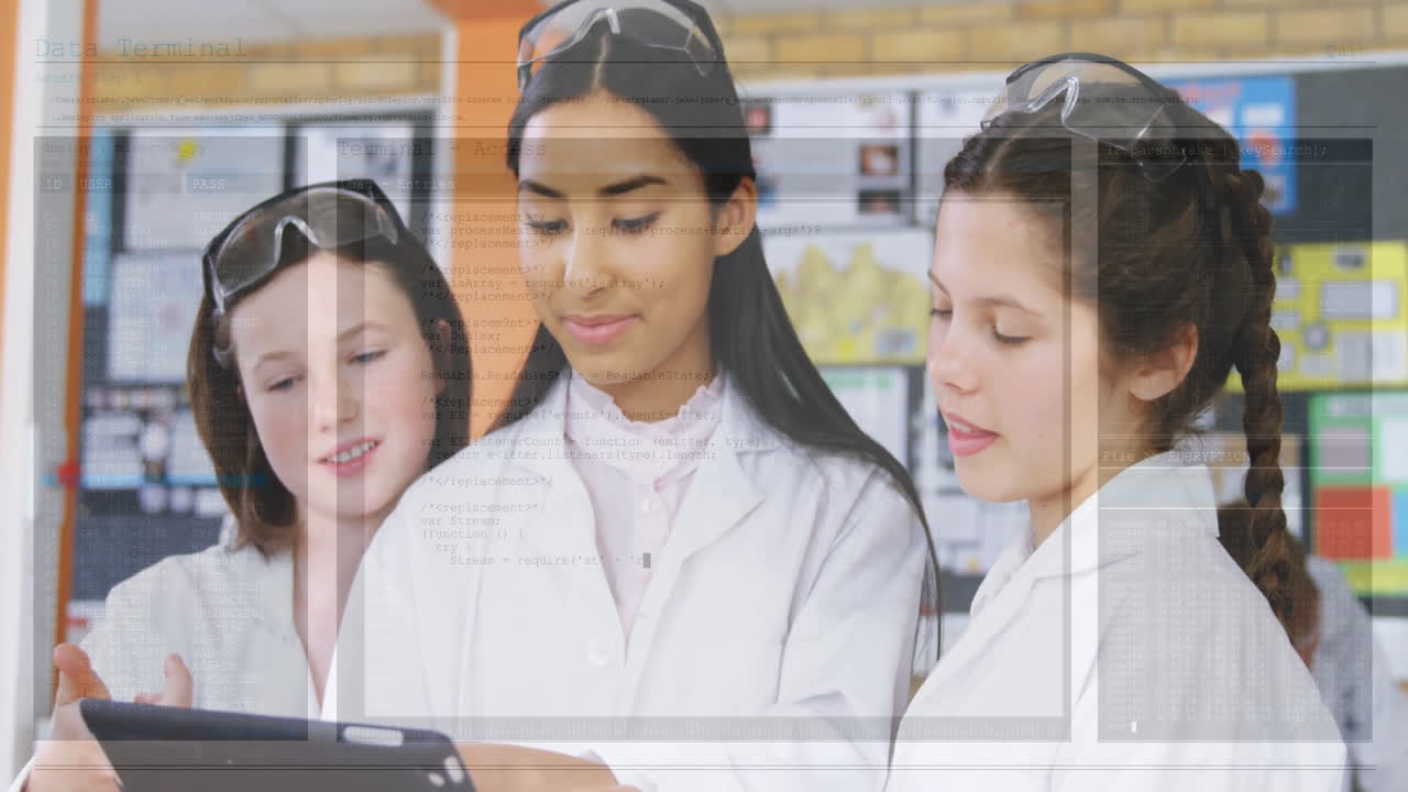 Three female students collaborating around tablet in science lab, viewing animated data charts