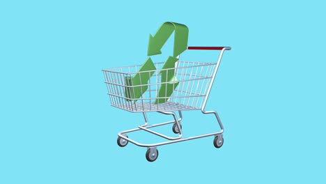 virtual recycling sign and grocery cart as trade symbol. animation of sale and purchase of ecology and nature. isolated screen. animation 3d icons. actual goods for today.