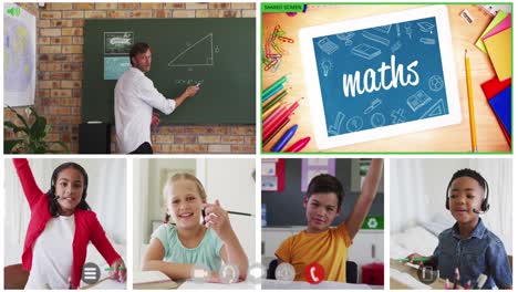 animation of six screens of diverse children, teacher and maths text during online school lesson