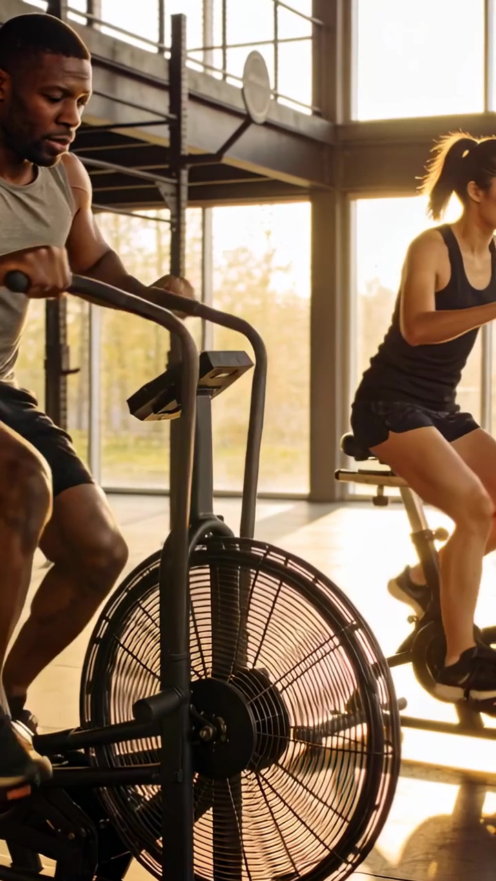 Video verticale: Uomo con canotta grigia che pedala, partner in reggiseno scuro che usa una cyclette ad aria in palestra per allenamento cardio.