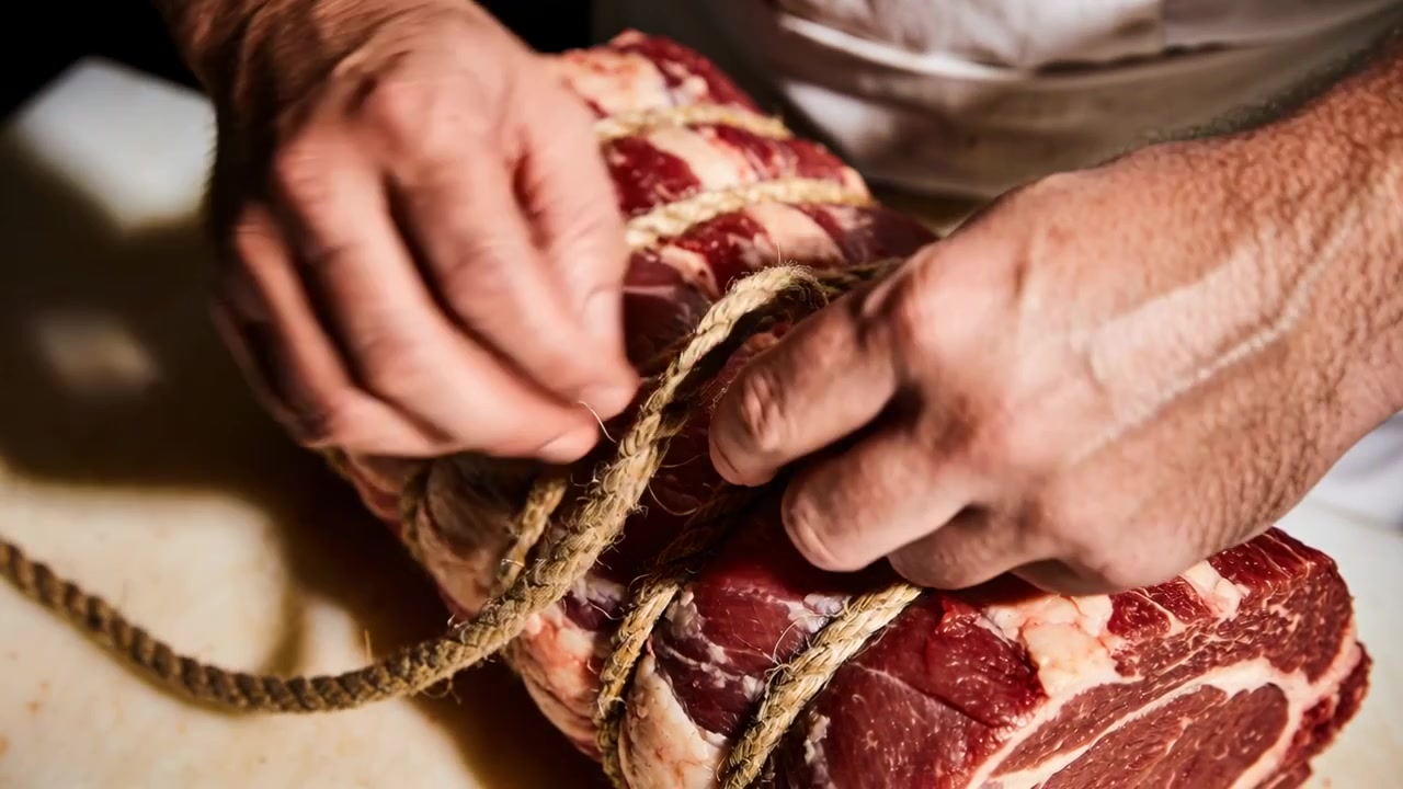 Macellaio in camice bianco che lega lo spago attorno a un arrosto di manzo arrotolato in cucina, preparando l'arrosto.