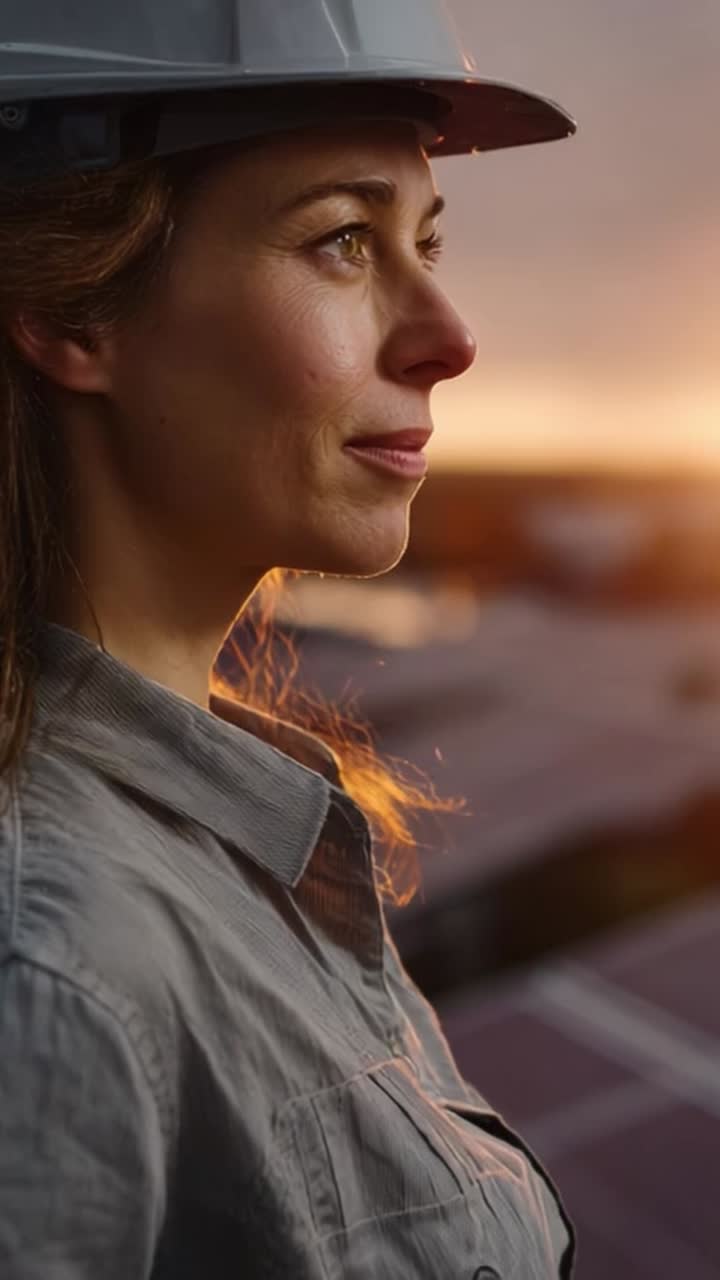 A determined woman in a hard hat gazes toward the horizon at sunset, symbolizing hope and resilience in the face of challenges and future possibilities