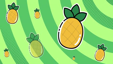 Animation-of-pineapples-on-moving-background-of-green-concentric-stripes