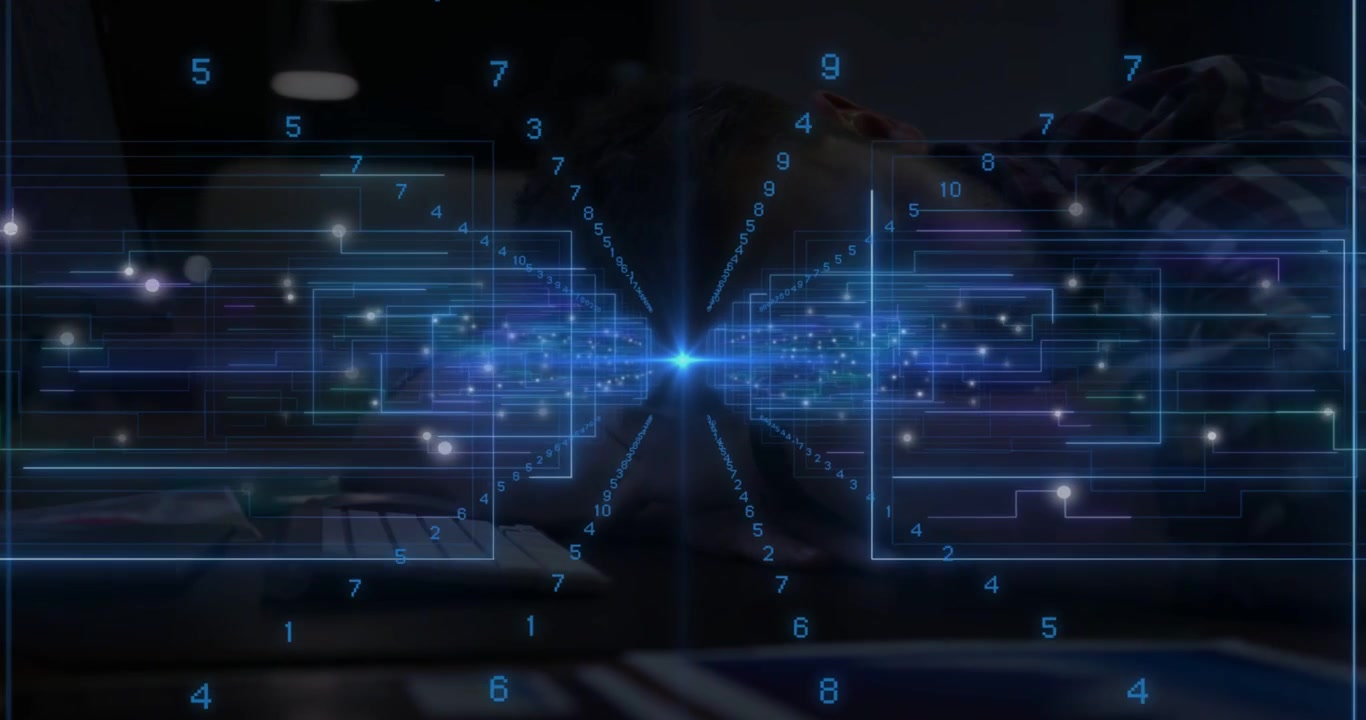 Central blue hub pulsing, sending numbers along paths in dim room, overlaying man for technology