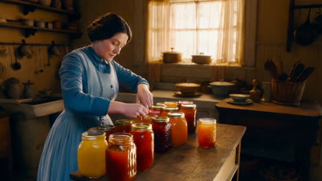 woman canning jars of homemade preserves in a rustic kitchen