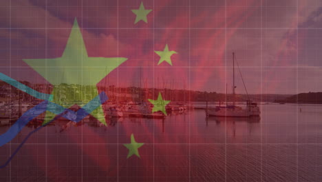 animación del procesamiento de datos financieros y bandera de china sobre el paisaje