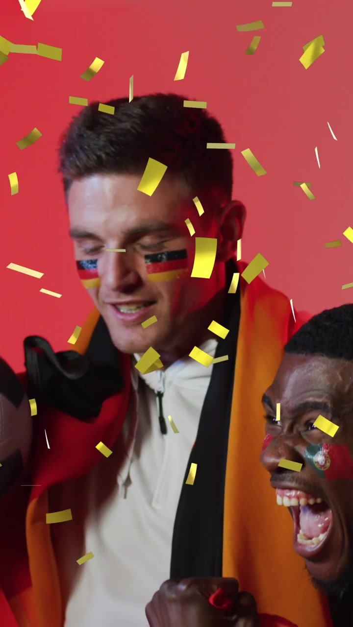 Animation of diverse male supporters with flags of portugal and germany over confetti