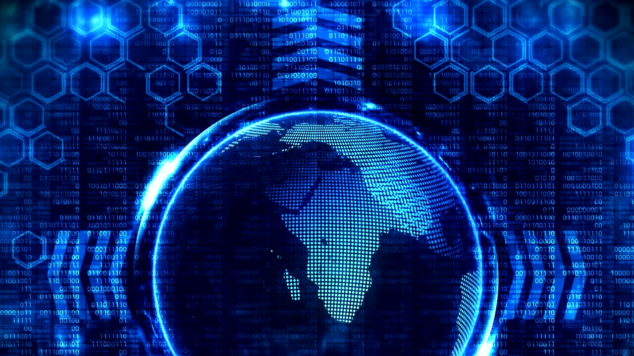 Earth globe 3d with business high tech background. Graph arrow loop animation. Hexagon geometric design and binary numbers background.