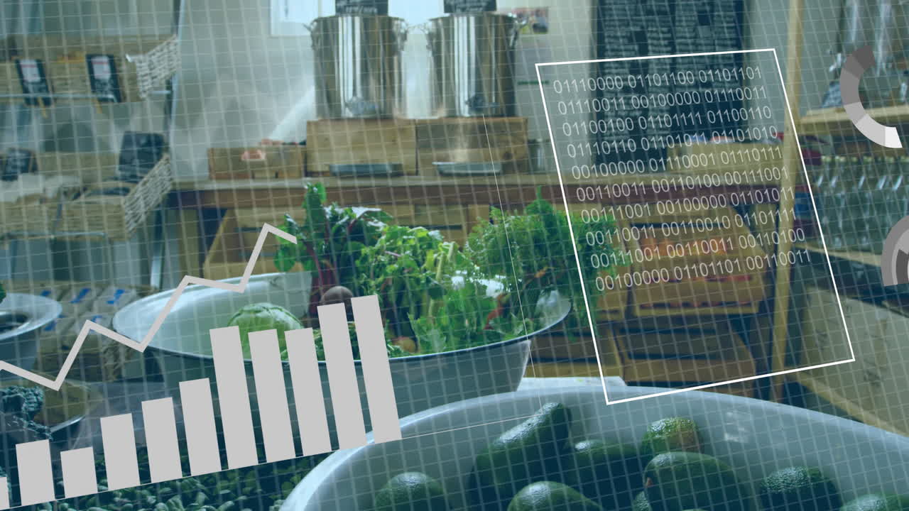 Bar graph and binary code animation over fresh produce in market setting