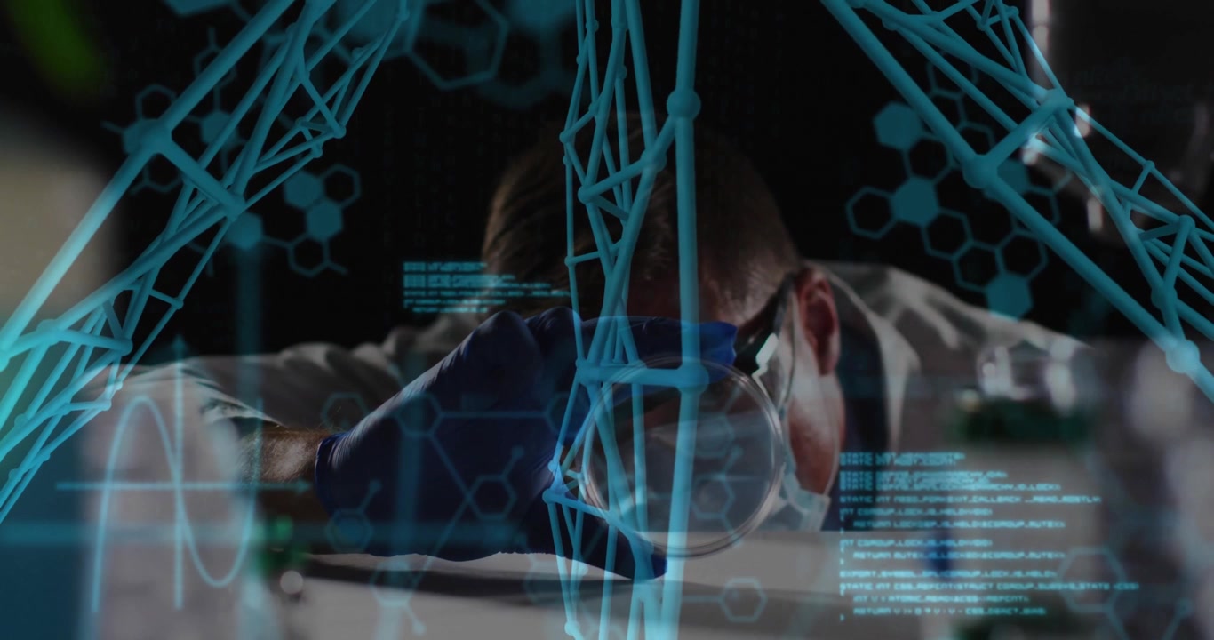 Scientist Examining Sample with Digital DNA and Data Overlays