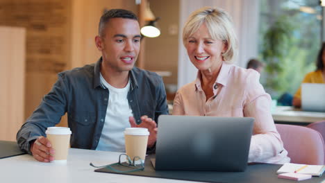 mature businesswoman mentoring younger male colleague working on laptop at desk