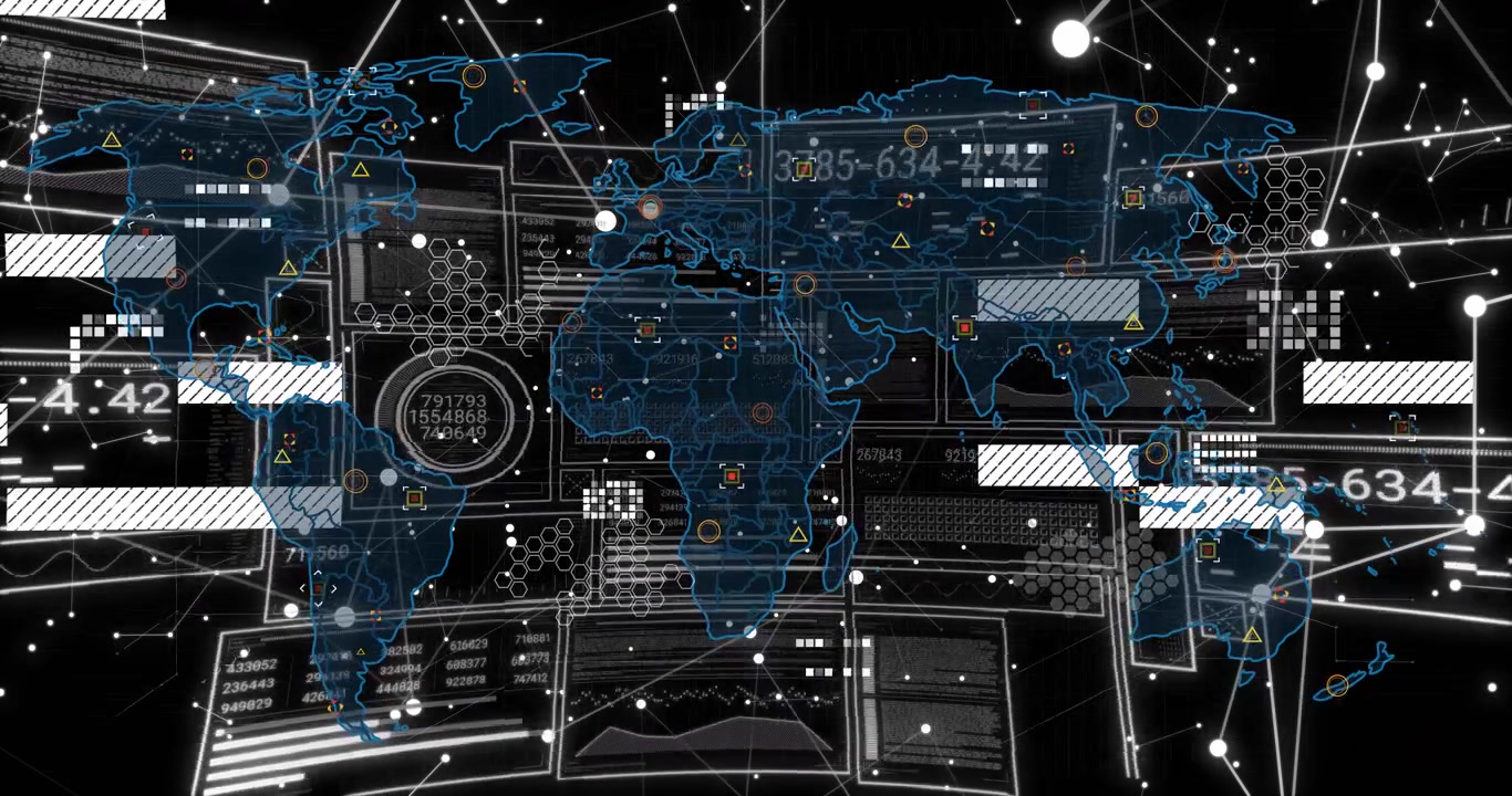 On data feed, blue world map being updated with markers, bars, pulsing nodes to monitor activity