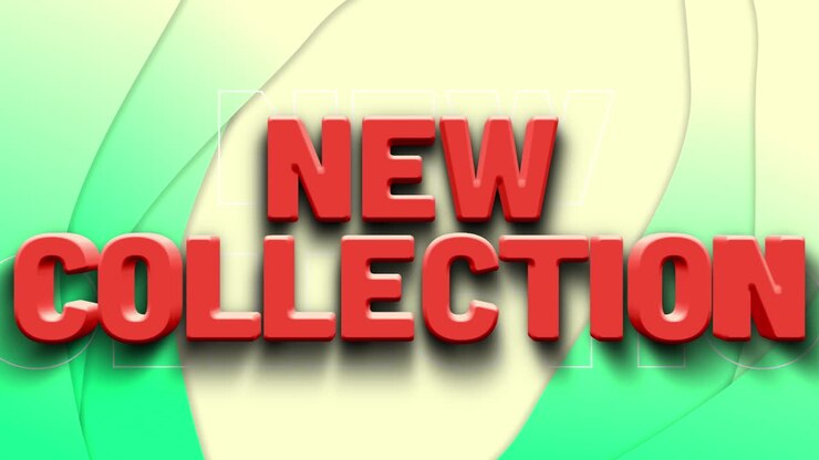 Animatie van 'nieuwe collectie'-tekst over vormen op een groene achtergrond