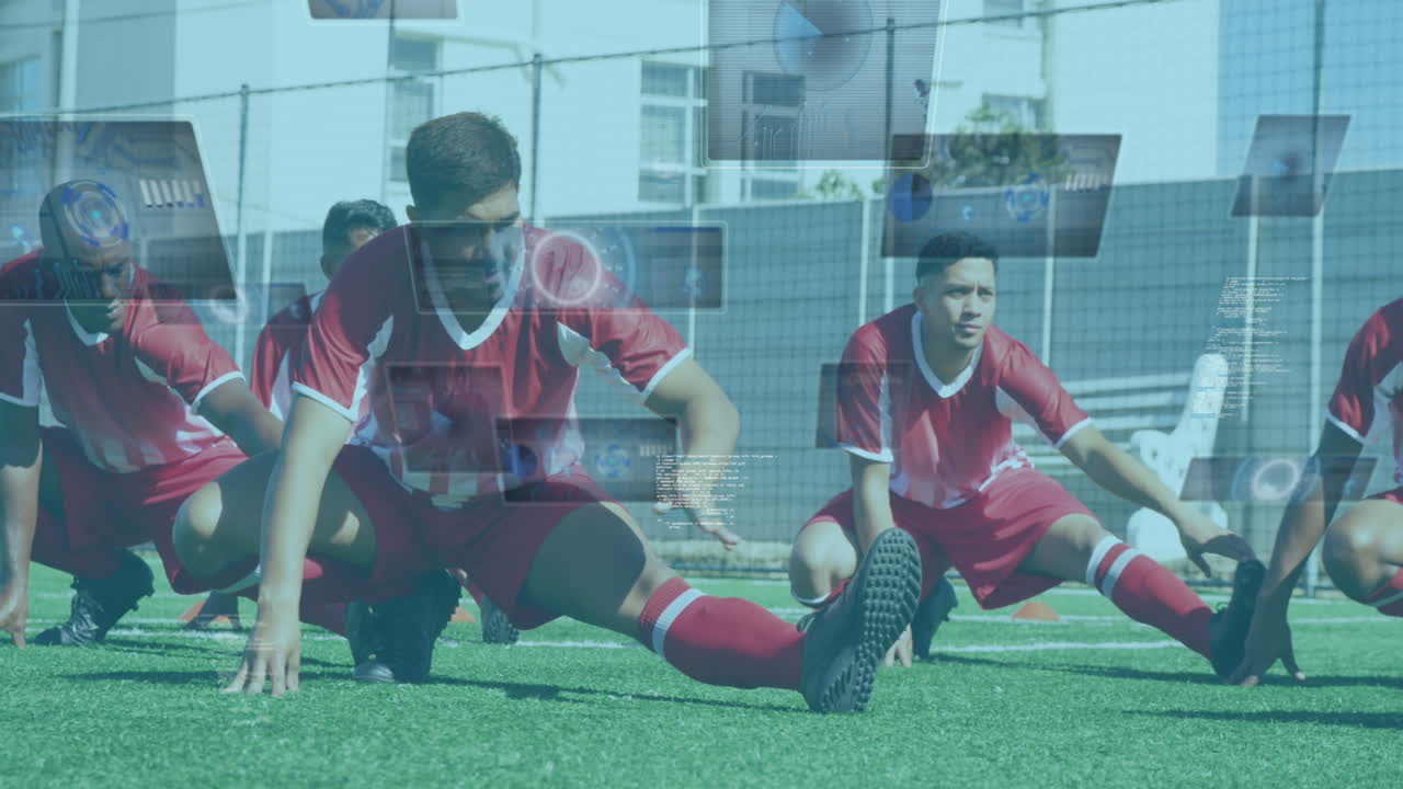 남자 축구 선수들이 스트레칭하는 화면에서 스 ⁇ 의 애니메이션과 데이터 처리
