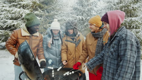 friends roasting marshmallow on fire in winter forest