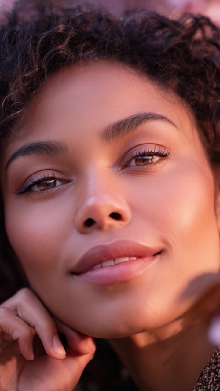 Primo piano radioso di una donna sorridente che evidenzia la bellezza naturale e l'eleganza con illuminazione soffusa e tratti mozzafiato per catturare l'essenza della gioia e della fiducia.