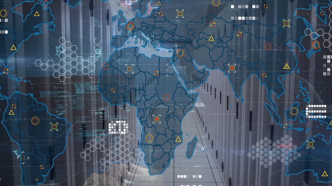 Animation of cyber security data processing over world map against computer server room
