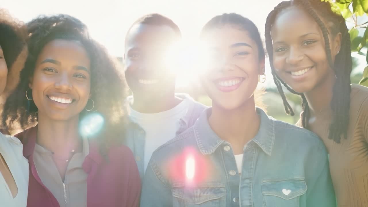 행복 한 친구 들 의 그룹 이 카메라 를 위해 미소 짓고 있다