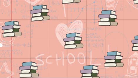 Animation-of-i-love-school-text-and-book-icons-over-squared-paper