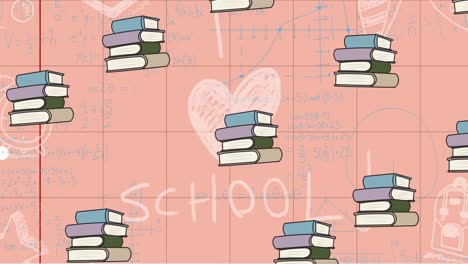 animation of i love school text and book icons over squared paper