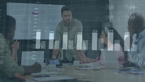 animation of financial data processing over diverse business people in office