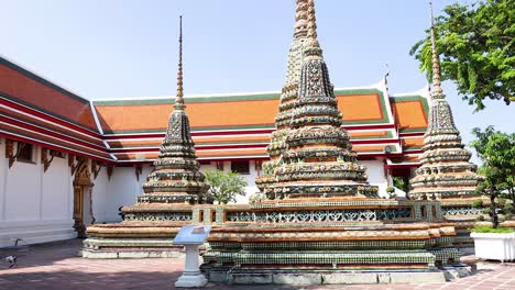 a serene view of temple structures and trees